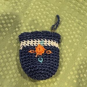 Handmade Navy Crochet Coin Pouch with Embroidery